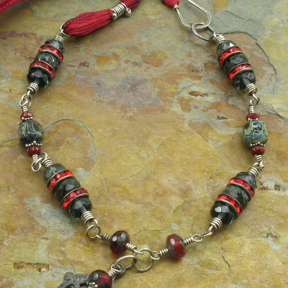 Handmade Hand Crafted Pewter Skeleton Key Red Silk Ribbon Statement Neck… - Picture 2 of 3